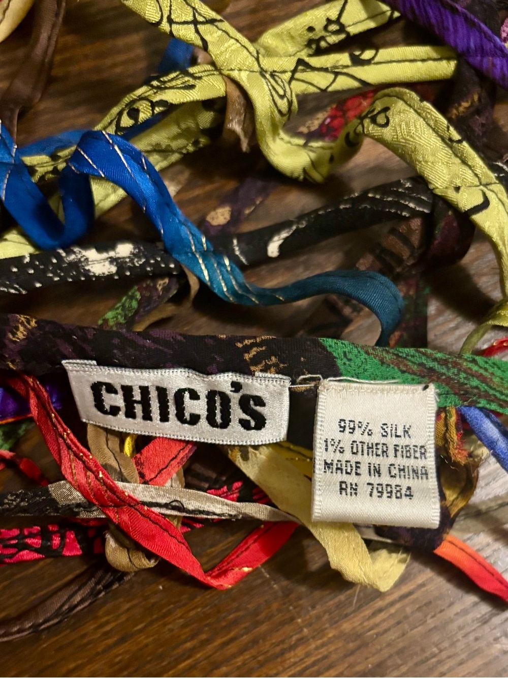 Chico's Bright Multi-Color Silk Ribbon Scarf
